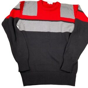 Meister Sweater Men Medium Red Gray Black Colorblock 80s Geometric Wool 80s VTG‎